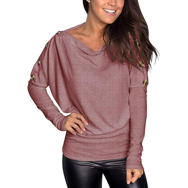 Womens Button Top Boat Neck Casual One-Shoulder Long Sleeve Comfort T-Shirt 